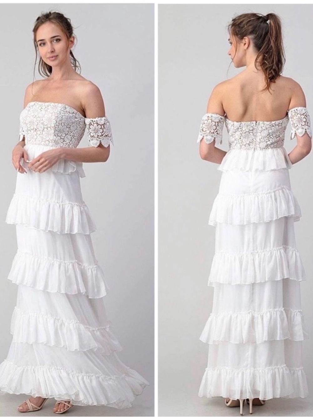 Minuet Petite White and Cream Lace Flowy Off-Shoulder Ruffled Wedding Dress